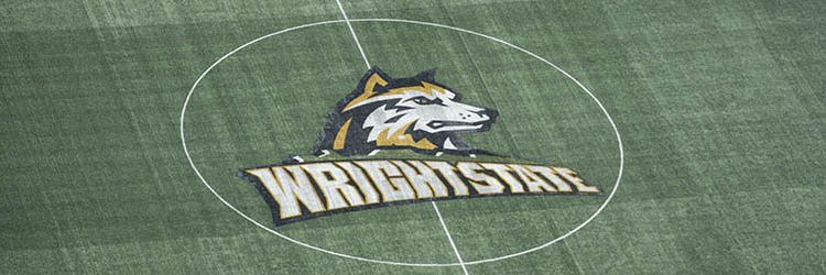 photo of the athletics logo on the soccer field